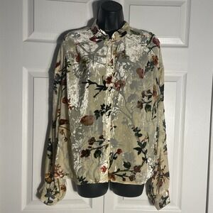 Anewsta Velvet Burnout Shirt Women Beige Floral Long Sleeve Button Up Boho Top